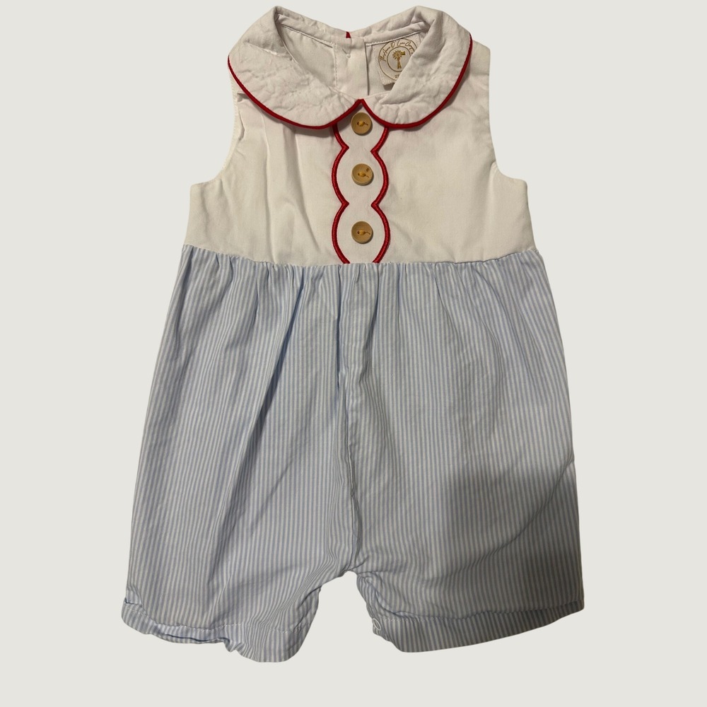The Annie & Cora Co Baby Blue Striped Romper Red Trim Peter Pan Collar 12M